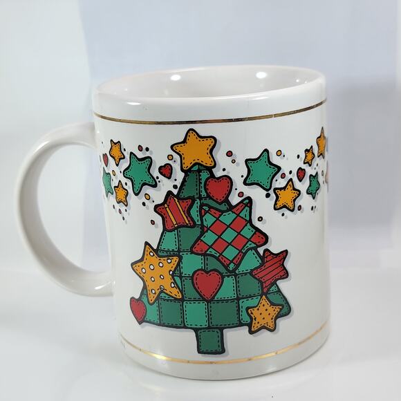 Vintage 1997 Christmas Mug JII Patchwork Tree Stars Holiday Coffee Cup - Picture 6 of 10